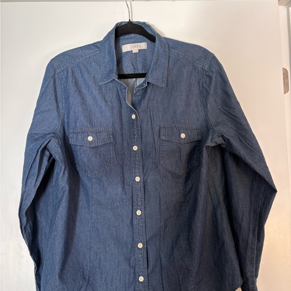 ANN TAYLOR LOFT Denim Dark Blue Button-Up Shirt
